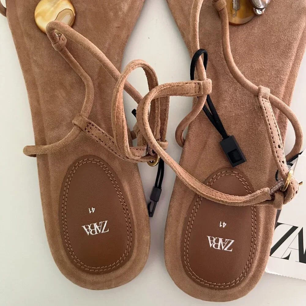 Zara Leather Sandals Embellished Front Beads Round toe Ankle buckle strap Sz 10 - Picture 11 of 12